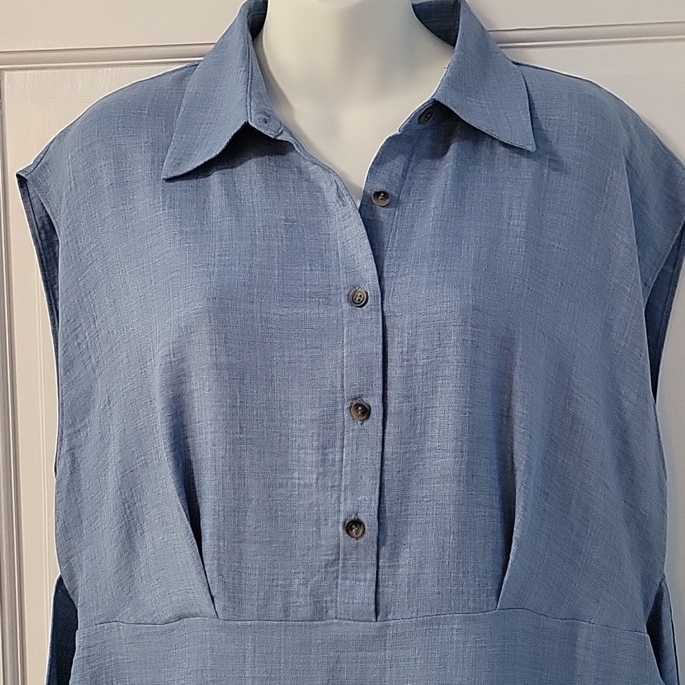 Emma & Michele Light Blue Sleeveless Midi Shirt Dress with Waist Tie - Picture 3 of 11